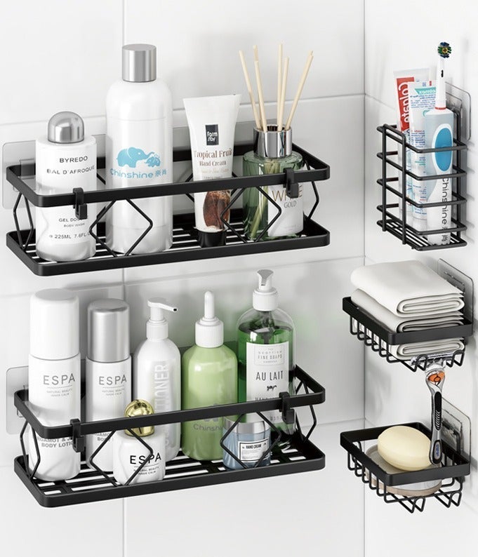 5 Pack Shower Caddy Wall Mounted Double Layer Rustproof Protection, Strong Adhesive No Drilling Waterproof Shower Shelves Set for Bathroom Accessories Storage, Sturdy Large Capacity Bath Organizer with 4 Hooks - Image 1